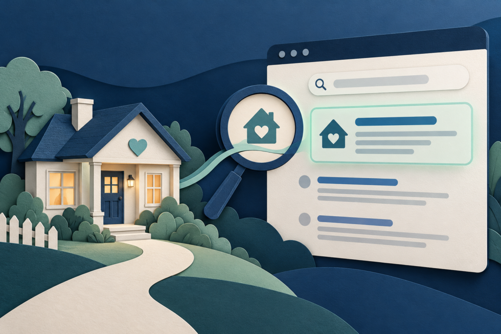 Illustration of a welcoming home linked to a highlighted search result through a magnifying glass.