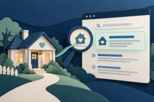 Illustration of a welcoming home linked to a highlighted search result through a magnifying glass.