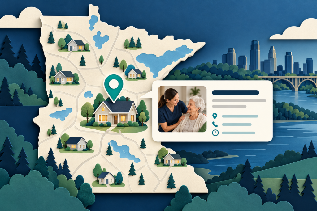 Illustration of a Minnesota map, home care location pin and business profile card.
