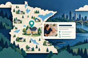 Illustration of a Minnesota map, home care location pin and business profile card.