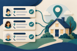 Illustration of consistent business directory cards connected to a home and location pin.